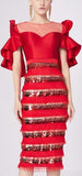 Sequin-Paneled Ruffled-Sleeve Evening Dress