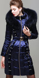 Bead Embellished Satin Sheen White-Duck-Down Coat with Fur-Trim in Blue - DESIGNER INSPIRED FASHIONS
