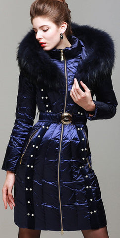 Bead Embellished Satin Sheen White-Duck-Down Coat with Fur-Trim in Blue - DESIGNER INSPIRED FASHIONS