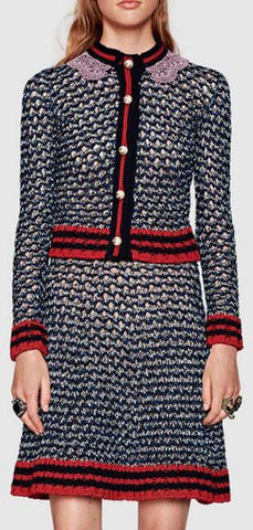 Lace-Trimmed Knit Cardigan Sweater & Matching Skirt Set - DESIGNER INSPIRED FASHIONS