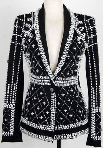 Faux-Pearl Embellished Blazer in Black - DESIGNER INSPIRED FASHIONS