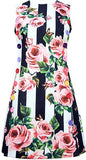 Button-Embellished Floral and Stripe Print Mini Dress