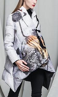 Printed Asymmetric Flared Short Down Coat - DESIGNER INSPIRED FASHIONS