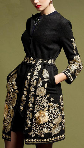 Gold-Embellished Wool Coat in Black - DESIGNER INSPIRED FASHIONS