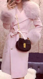 'Adnes' Pink Fox-Fur-Trim Cashmere-Wool Double-Breasted Coat - DESIGNER INSPIRED FASHIONS