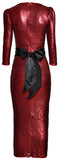 Sequin-Embellished Fitted Midi Dress with Sash, Red
