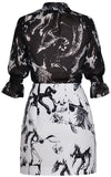 Printed-Blouse and Button-Embellished Mini Skirt Set