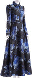 Blue-Floral Long-Sleeve Maxi Dress