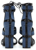 Patchwork Denim & Leather Cage Sandals in Blue - DESIGNER INSPIRED FASHIONS