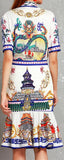 Japanese Print Short-Sleeve Shirt and Flared Skirt Set