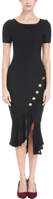 Asymmetrical Ruffled Button-Embellished Fitted Dress, Black