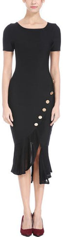 Asymmetrical Ruffled Button-Embellished Fitted Dress, Black