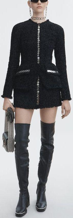 Button-Embellished Tweed Jacket and Skirt Set