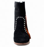 Studded Black Suede Ankle Boots with Multicolored Tassels