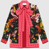'Garden Exclusive' Printed Neck-Tie Blouse & Pleated Skirt in Black - DESIGNER INSPIRED FASHIONS