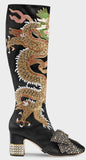 Dragon Satin Mid-Heel Knee Boot, Black
