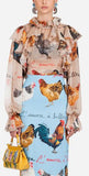 Hen Printed Silk Ruffle Blouse