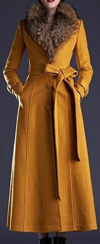 Fur Collar Single-Breasted Wool-Blend Coat, Yellow