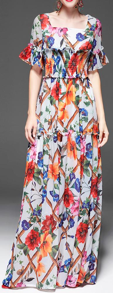 Long Floral Print Ruffle-Trimmed Dress