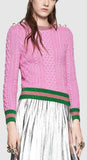 Beaded Shoulder Contrast-Stripe Knit Sweater in Pink - DESIGNER INSPIRED FASHIONS