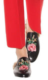 Princetown Leather Fur lined Embroidered Rose Slipper in Black - DESIGNER INSPIRED FASHIONS