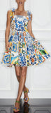 Sleeveless Fit-and-Flare Tile Print Dress with Ties