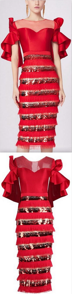 Sequin-Paneled Ruffled-Sleeve Evening Dress
