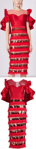 Sequin-Paneled Ruffled-Sleeve Evening Dress
