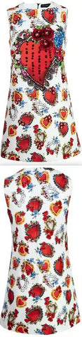 Heart Printed Floral-Appliques Mini Dress