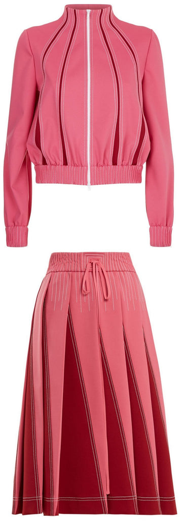 Pink Zip-Front Jersey Track Jacket With Insets with A-line Pleated Jersey Skirt
