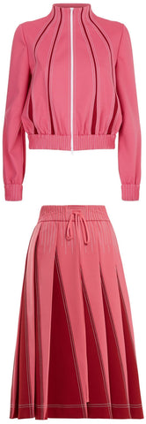 Pink Zip-Front Jersey Track Jacket With Insets with A-line Pleated Jersey Skirt