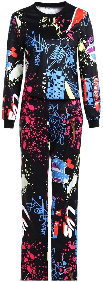 Graffiti Print Long-Sleeve Top & Pant Set
