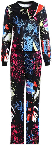 Graffiti Print Long-Sleeve Top & Pant Set