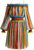 Striped Chiffon Off-the-Shoulder Dress