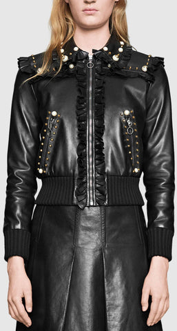 Studded Leather Ruffle-Trim Bomber Jacket - DESIGNER INSPIRED FASHIONS