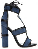 Patchwork Denim & Leather Cage Sandals in Blue - DESIGNER INSPIRED FASHIONS