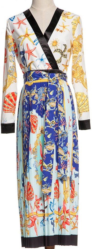Shell Printed Pleated Wrap Dress