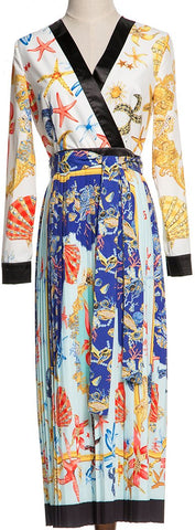 Shell Printed Pleated Wrap Dress