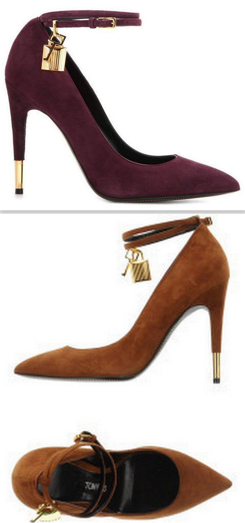 Padlock & Key Embellished Suede Pumps in Burgundy or Caramel-Brown - DESIGNER INSPIRED FASHIONS