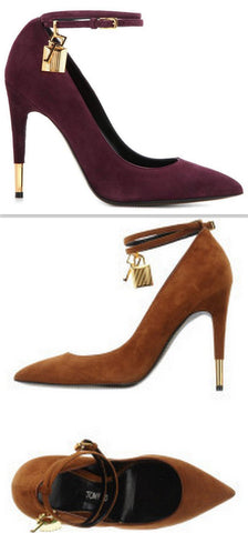 Padlock & Key Embellished Suede Pumps in Burgundy or Caramel-Brown - DESIGNER INSPIRED FASHIONS