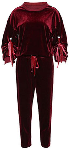 Ruby Velvet Ruched-Sleeved Sweatsuit