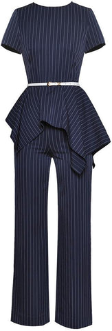 Belted Asymmetrical Pinstripe Jumpsuit