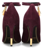 Padlock & Key Embellished Suede Pumps in Burgundy or Caramel-Brown - DESIGNER INSPIRED FASHIONS
