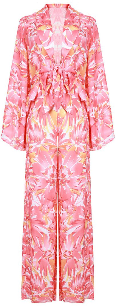 Flared-Sleeve Tie-Front Print Top and Pant Set