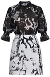 Printed-Blouse and Button-Embellished Mini Skirt Set