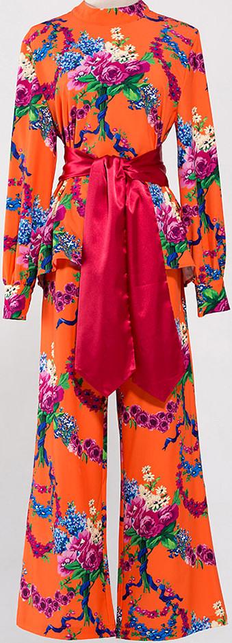 Floral Print Blouse and Wide Leg Pant set in Orange with Sash Tie Belt