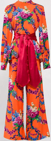 Floral Print Blouse and Wide Leg Pant set in Orange with Sash Tie Belt