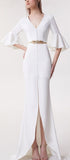 Long Bell-Sleeve Button-Embellished White Gown | DESIGNER INSPIRED FASHIONS