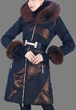 Belted Fur-Trimmed Hooded Puffer Coat, Black or Blue