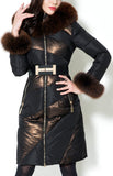 Belted Fur-Trimmed Hooded Puffer Coat, Black or Blue